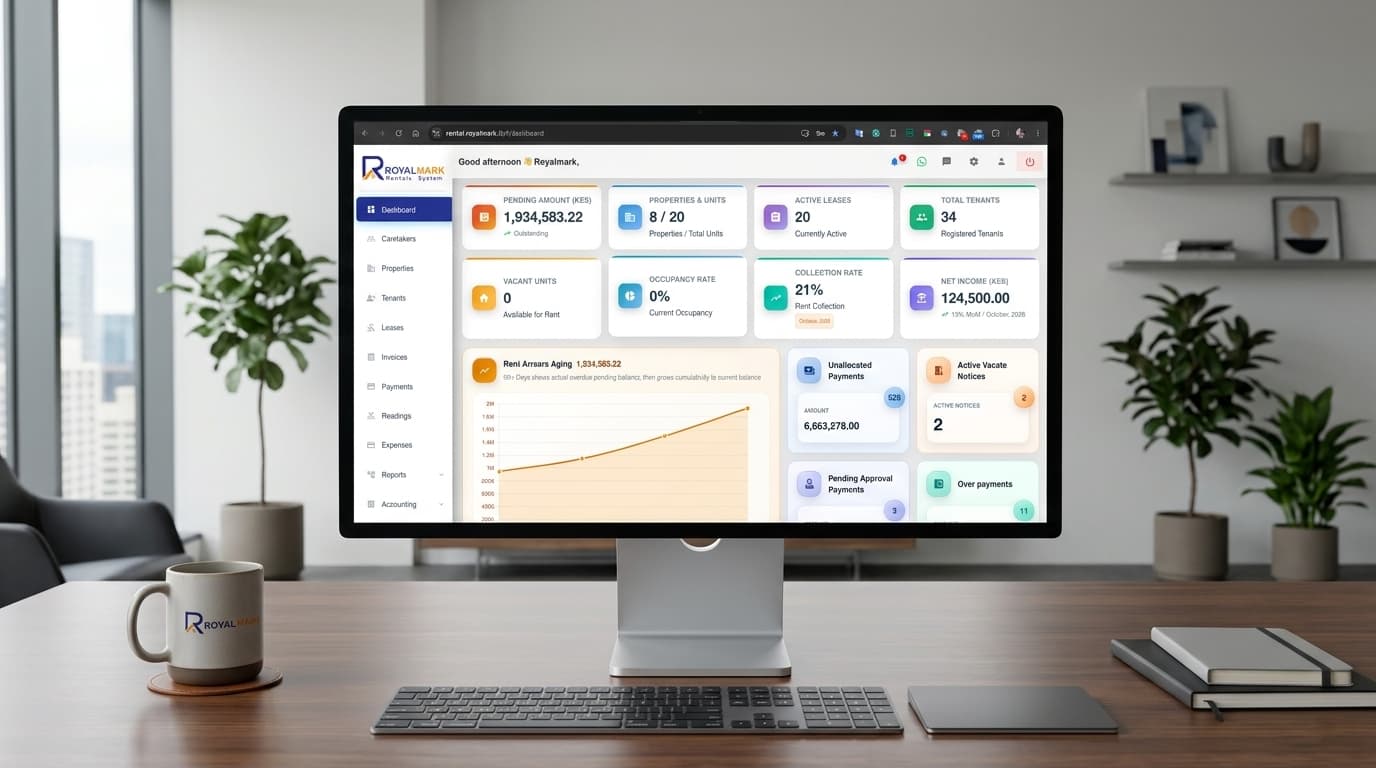 Real Royalmark Rental Management Dashboard on Desktop Monitor Display