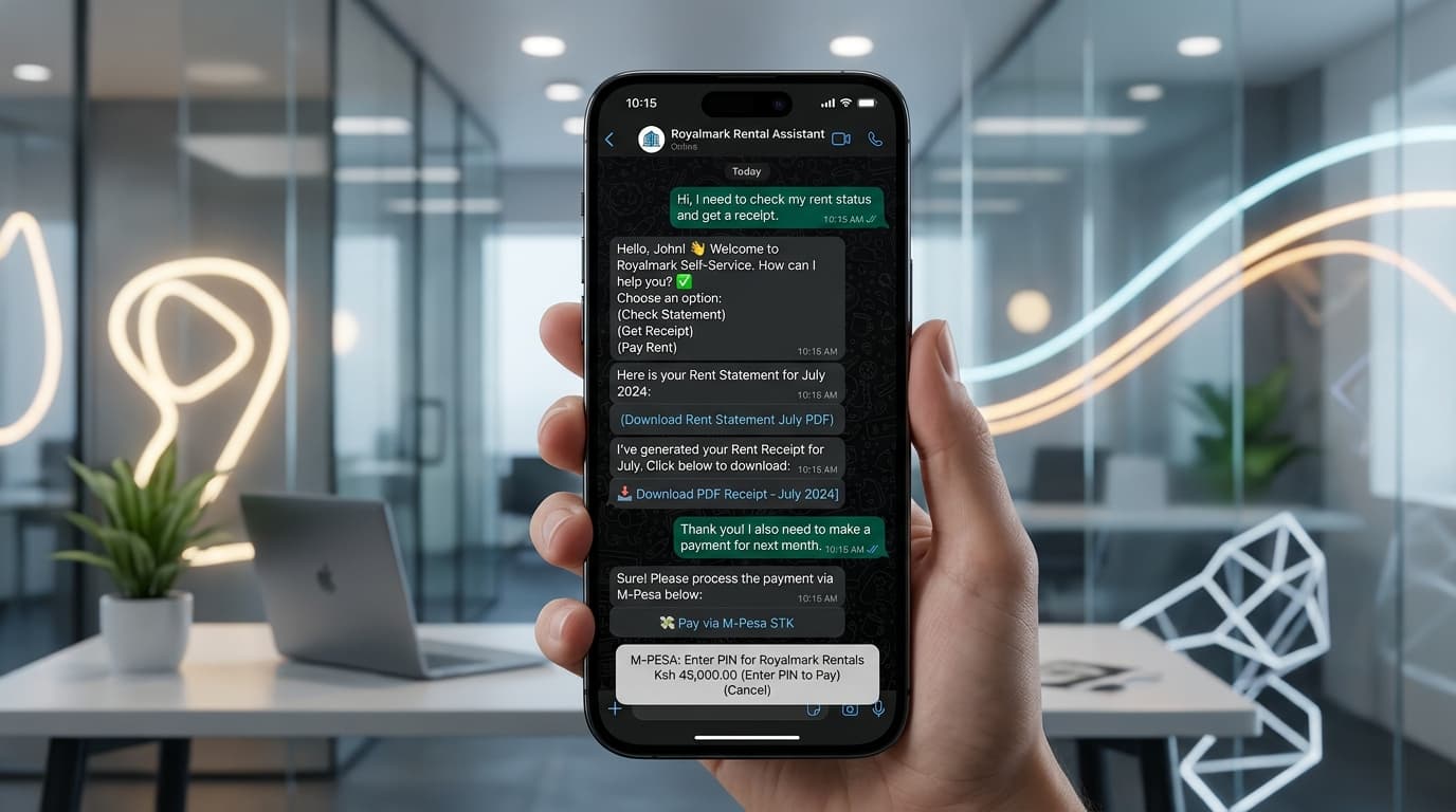 Royalmark 2-Way WhatsApp Tenant Self-Service Bot with M-Pesa STK Prompt and PDF Receipts